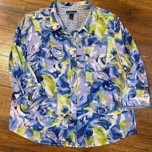 Karen Scott Floral Button Up 100% Cotton collar Top Shirt Sz 3xl roll up sleeves